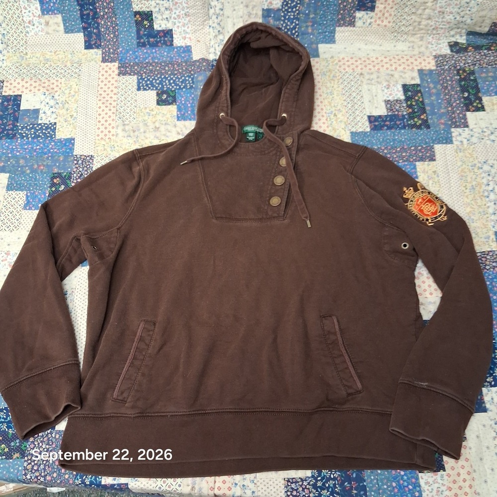 Y2K Vintage Ralph Lauren LRL Hoodie Sweatshirt Womens XL Brown Button Up Crest